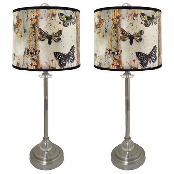 28" Crystal Buffet Lamp With Butterfly Graphic Shade, Brushed Nickel, Set of 2