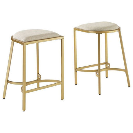 Crosley Furniture Ellery 24" Traditional Metal Stool in Oatmeal/Gold (Set of 2)