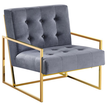 Beethoven Blue Velvet With Gold Plated Accent Chair, Gray/Gold