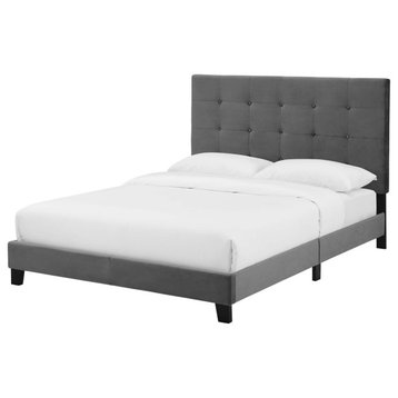Contemporary Modern Full Size Platform Bed Frame, Velvet Fabric, Grey Gray