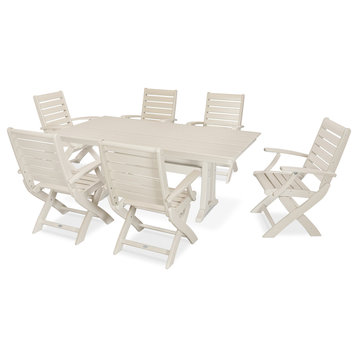 POLYWOOD 7 Piece Signature Folding Chair Dining Set, Sand