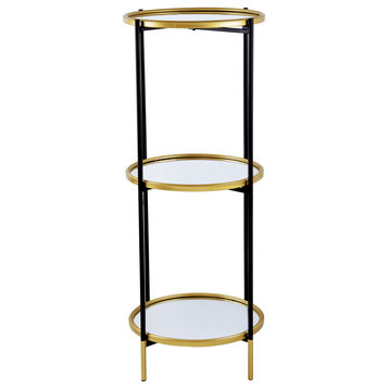 Benzara BM284919 Round 3 Tier Shelf, Metal, Mirrored Glass Shelves, Black, Gold