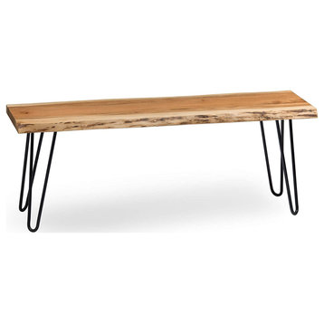 Rustic Bench, Black Painted Hairpin Legs With Natural Acacia Wooden Seat
