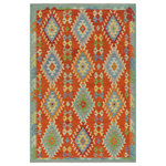 Bareens Designer Rugs - Chic Turkish Kilim Burke Hand-Woven Wool Rug - 5'0'' x 6'6'' - Elevate the elegance of your home with this stunning hand-woven tribal Kilim wool rug. Meticulously crafted on a loom by the Nomad Turkman people using hand-spun wool and 100% natural vegetable dyes, these rugs are recognized for their repetitive geometric patterns, incorporating naturalistic floral and traditional designs. The contemporary fashion palette results in bold, sharp patterns that are incredibly versatile, as the pattern is the same on both sides. These reversible rugs feature a lighter shade on one side and brighter colors on the other, providing versatility according to preference. These unique rugs are made by knotting short strands of different colors onto the warps and securing them by tightly pressing the wefts. The designs are created by interweaving the various colored wefts and warps. Kilims are known for their exceptional durability and versatility, making them truly unique rugs.  Product Details    Rug Size: 5'0'' x 6'6''  Material: 100% Wool  Style: Kilim, Flat Weave, Dhurrie, Turkish, Southwestern, Rustic, Tribal  Colors: Rust, Blue  Weave Type: Hand-Woven, Handmade  Pile Height: Less than 0.25 inch