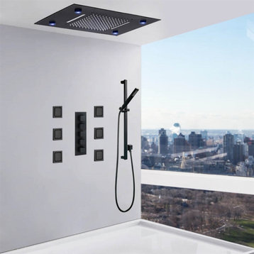 LED 20"x14in Rainfall Shower System With Handheld Shower and 6 Body Jets, Black