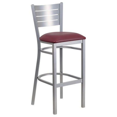 HERCULES Series Silver Slat Back Metal Restaurant Barstool - Burgundy Vinyl Seat