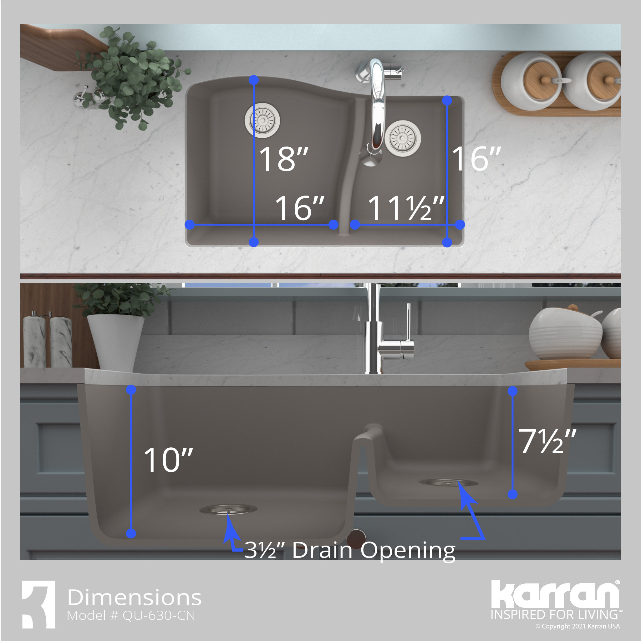 Karran Undermount Quartz 32" 60/40 Double Bowl Kitchen Sink, Concrete