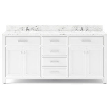 Madison Pure White Bathroom Vanity, 72", No Mirror, Two Faucets