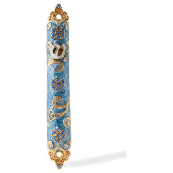 Hand Painted Mezuzah Embellished with a Rich Blue Judaica Design, 4.5"
