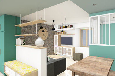 Aménagement dans 25 m² : entrée, séjour, cuisine et coin repas.