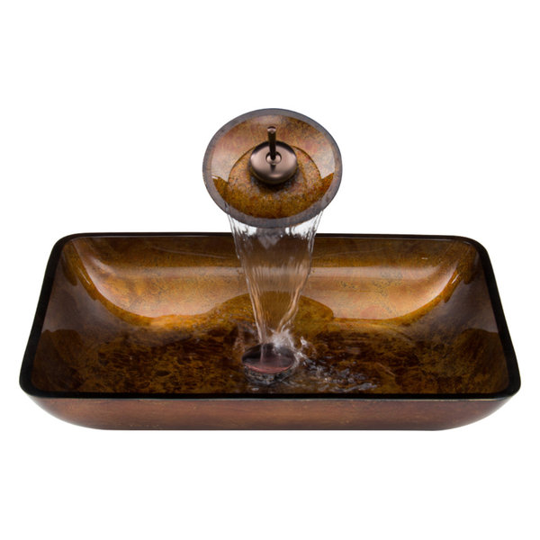 Rectangular Russet Glass Vessel Sink & Waterfall Faucet Set, Oil Rubbe