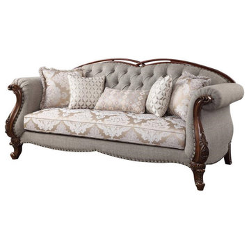 Bowery Hill Traditional Fabric Sofa with 5 Pillows in Gray/Cherry
