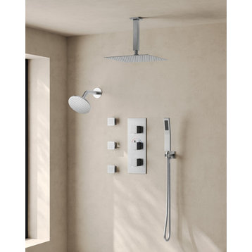 Dual Heads 12" Rain Shower System 3 Way Thermostatic Faucet with 3 Body Jets, Brushed Nickel
