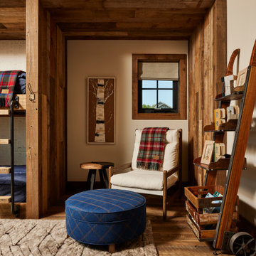 Weathered Antique Paneling and Skip Oak Flooring in Cozy Bunk Room Sitting Nook