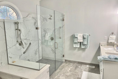 Inspiration for a modern master double-sink bathroom remodel in Other with white cabinets and quartz countertops