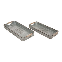 Glitzhome - Iron Rect Galvanized Tray, 18.5"L, Set of 2 - Serving Trays
