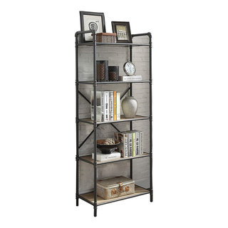 Benzara BM184754 Five Tier Metal Bookshelf With Wooden Shelves