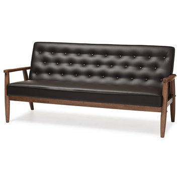 Sorrento Retro Upholstered Wooden 3-Seater Sofa, Brown Faux Leather