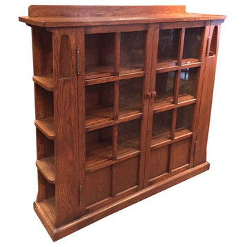Crafters and Weavers Mission Solid Oak Double-Door Bookcase With Side Shelves