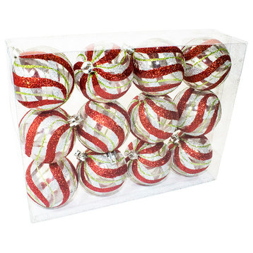 Clear Ball Ornament With Red, Silver And Green Swirl Design, 12-Pack