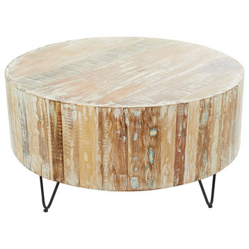 Rustic Coffee Table, Thick Round Mango Wooden Top With Hairpin Legs, Brown