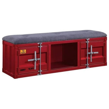 Industrial Storage Bench, Cargo Design With 2 Cabinets & Cushioned Seat, Red