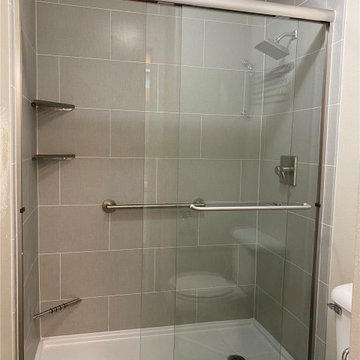 Charmeuse gray Roman Block simulated-tile shower
