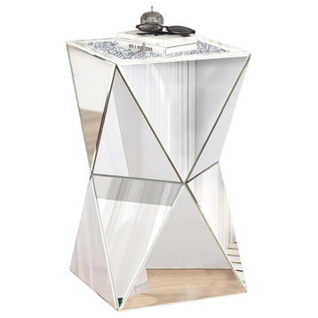 Elegant End Table, Mirrored Design With Geometric Shape & Faux Diamond Inlay Top