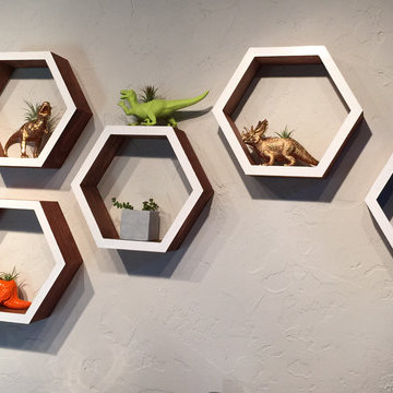 Mid Mod hex wall art + gold and neon dinosaurs