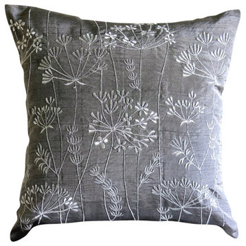 Charcoal Grey Single Cushion Sofa Art Silk 20"x20" Embroidery, Willow Splendor