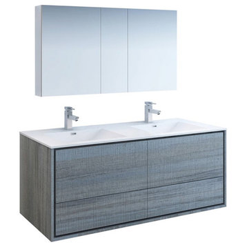 Fresca Catania 60" Wall Hung Double Sinks Wood Bathroom Vanity in Ocean Gray