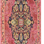 Nourison - Nourison Passionate Area Rug, Pink Flame, 2'2"x7'6" Runner - With a striated red and pink field, the dramatic corner and medallion design of this Passionate Collection rug creates a Bohemian vibe in any room. Distressed, abrash tones mirror the vintage look of classic Persian rugs, with beautifully ornate floral accents on an soft, easy-care pile.