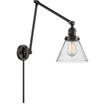 Large Cone 1 Light Swing Arm or Wall Lamp, Matte Black, Seedy Glass