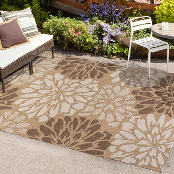 Zinnia Modern Floral Textured Weave Indoor/Outdoor, Brown/Cream, 9x12