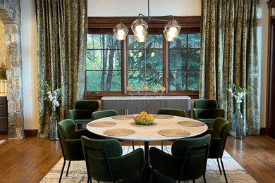 Large trendy medium tone wood floor, multicolored floor and exposed beam great room photo in Other with white walls