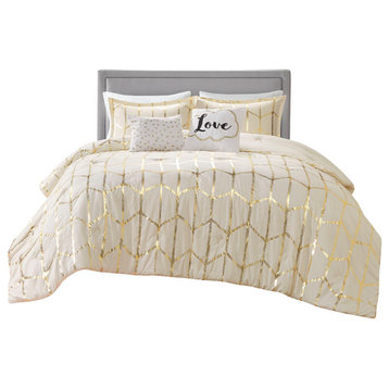 Intelligent Design Raina Metallic Printed Comforter Set, Ivory/Gold