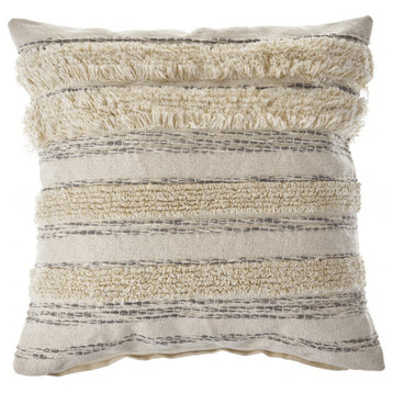 20" X 20" Cream Gray And Gold 100% Cotton Striped Zippered Pillow