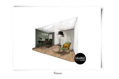 Inspiration pour un bureau vintage de taille moyenne avec un mur vert, parquet clair, un bureau indépendant et un sol marron.