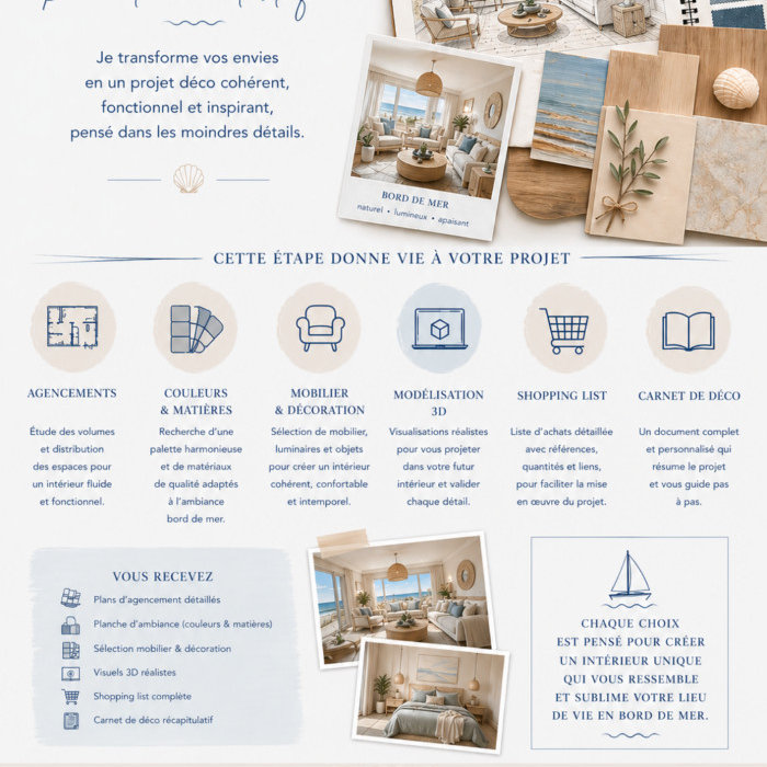 Découvrez comment la conception et direction artistique transforme votre projet déco en un intérieur harmonieux et prêt à vivre. Spécialiste des résidences secondaires en bord de mer.