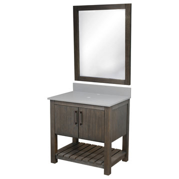 30" Vanity with Storm Grey Quartz Countertop and BackSplash, Oil Rubbed Bronze, Mirror Included