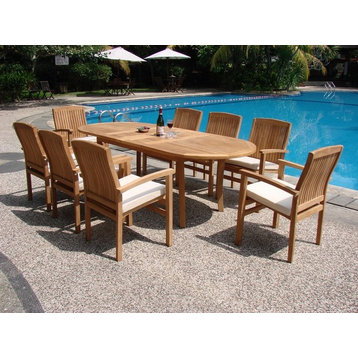 9-Piece Outdoor Teak Dining Set, 117" Oval Table, 8 Wave Stacking Arm Chairs