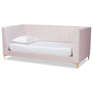 Oksana Glam Luxe Light Pink Velvet Upholstered Gold Finished Twin Size Daybed