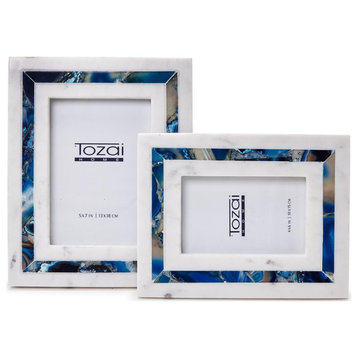 Tozai Blue Agate Inlay Set of 2 White Marble Photo Frames