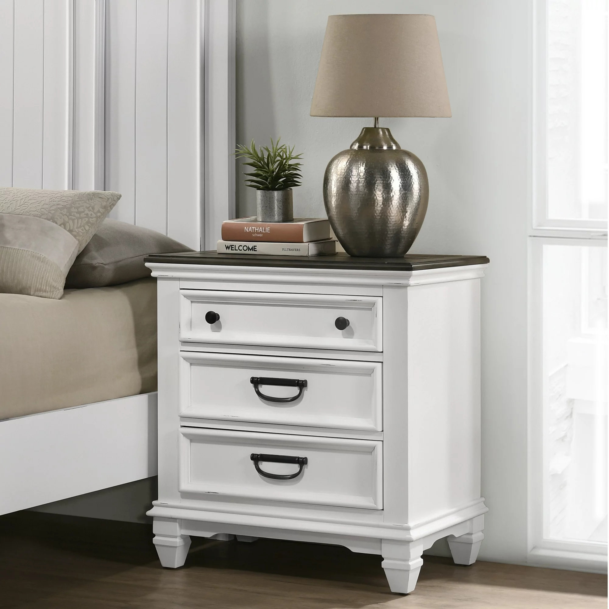 Weathered White 3-Drawer Nightstand, Traditional Design with Spacious ...