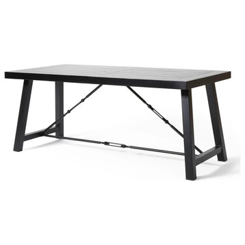 Industrial Dining Table, Angled Metal Legs With Acacia Wooden Top, Black Finish