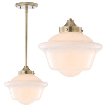Kurtz 9.5" Adjustable Drop Metal and Glass Led Pendant, Brass Gold and White
