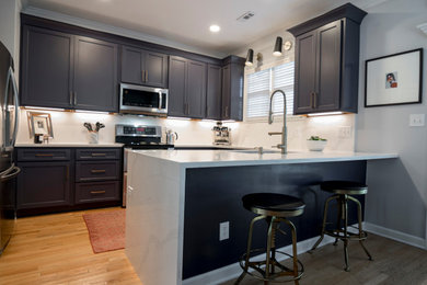 Example of a small trendy u-shaped eat-in kitchen design in Raleigh with quartz countertops, white backsplash, quartz backsplash, white countertops and shaker cabinets