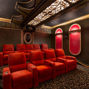 Tuscan enclosed carpeted and multicolored floor home theater photo in Sacramento with multicolored walls