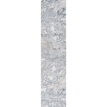 Swirl Marbled Abstract Area Rug, Gray/Blue, 2'x8'