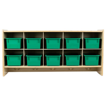 10 Section Wood Cubbies Storage, Green Bins, Wall Hanging Organizers